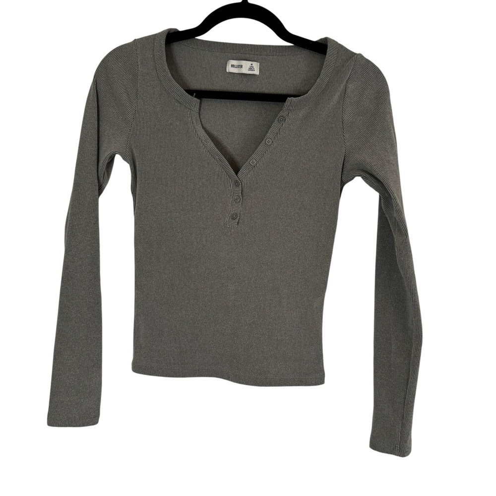 Vintage Hollister Gray Long Sleeve Cropped Top Size Medium Long Y2K With Buttons